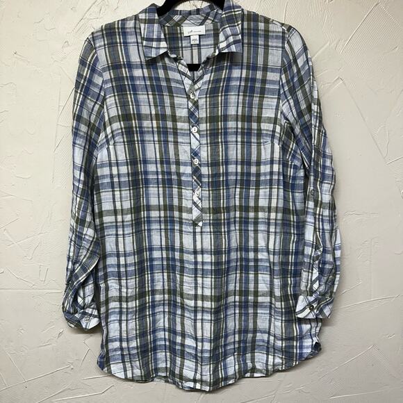 J. Jill Plaid 100% Linen Popover Button Up Tunic Top  Mother of Pearl Size S - Picture 5 of 8